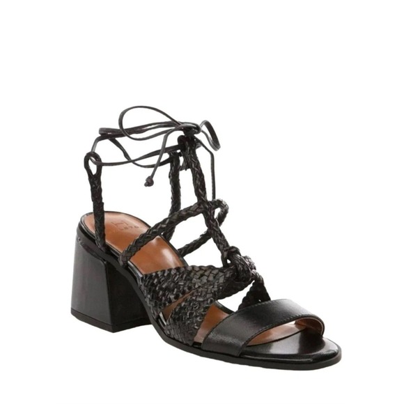 H by Halston Black Leather Basketweave Ankle Tie Sandal Size 8.5 - Picture 1 of 7